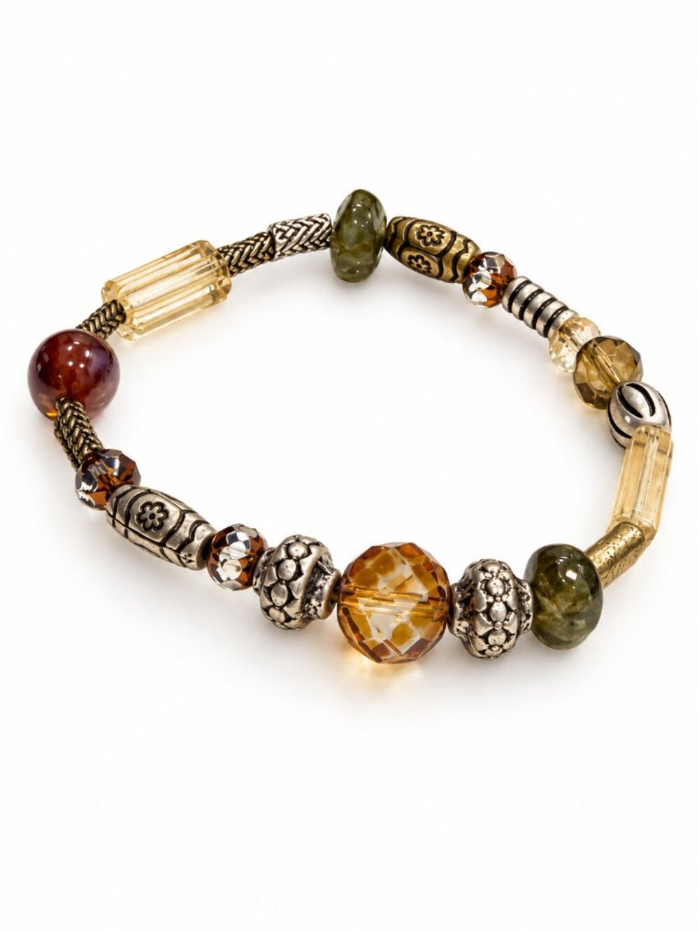Mixed Glass Bead Boho Bracelet Silver Tone Accents Size 7"
